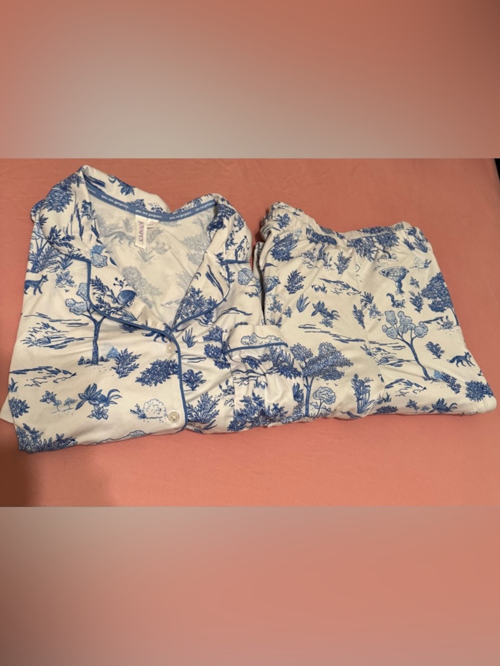 Blue Toile Print Short Sleeve Pajama Set - Classic Button-Front - Picture 1 of 4
